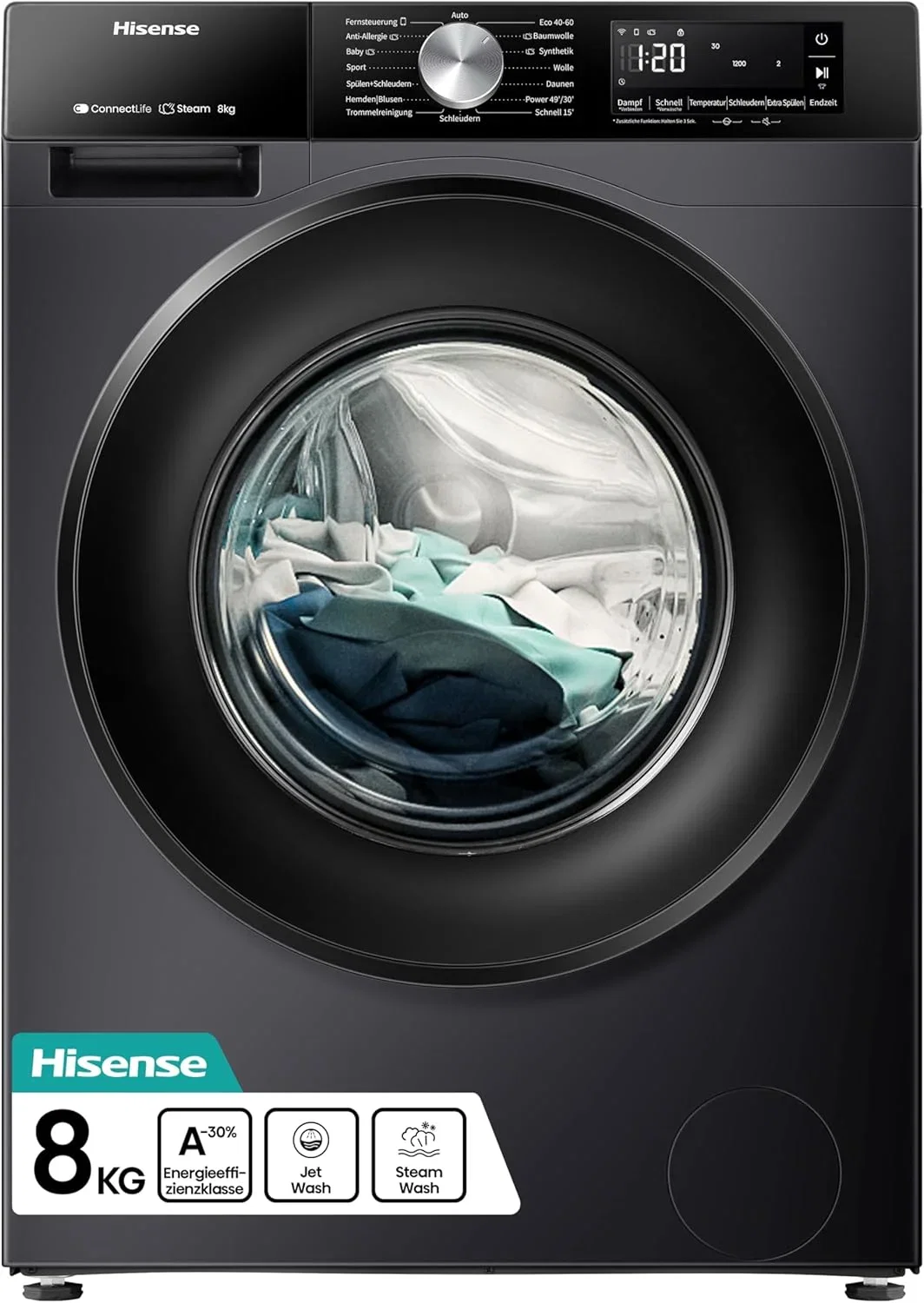 Hisense WF3S8043BB3 Waschmaschine mit Dampffunkunktion (8kg, 1400 U/min)