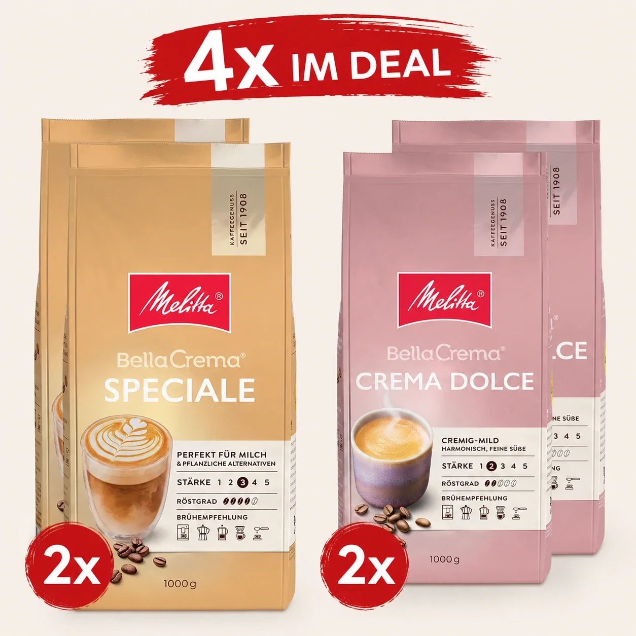 2x Melitta Bella Crema Speciale Kaffeebohnen +  2x Melitta Bella Crema Mild (1kg)