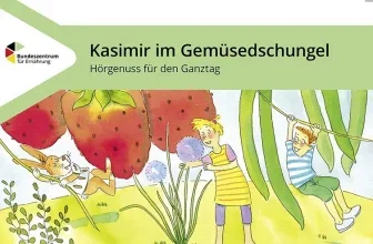Ein Cartoon mit einem Hasen, einem Mädchen und einem Jungen in einem Gemüsedschungel mit großen Erdbeeren.