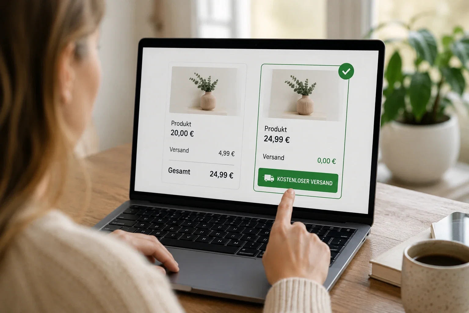 Vergleich zwischen Versandkosten und kostenlosem Versand als Beispiel für den Gratis-Effekt beim Online-Shopping