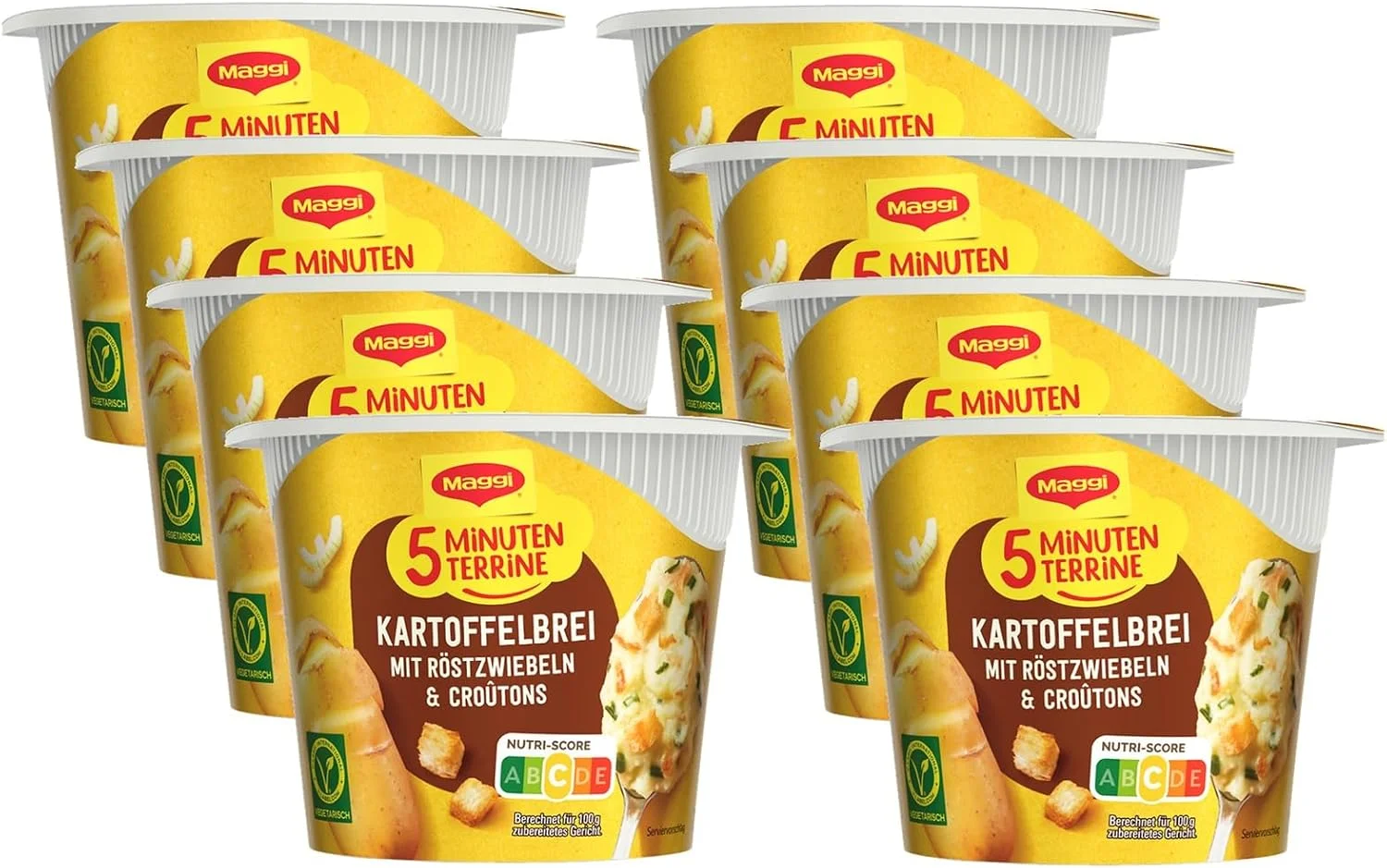 MAGGI 5 Minuten Terrine Kartoffelbrei mit Roestzwiebeln und Croutons leckeres Fertiggericht Instant Kartoffel Pueree herzhafter Kartoffel Snack 8er Pack
