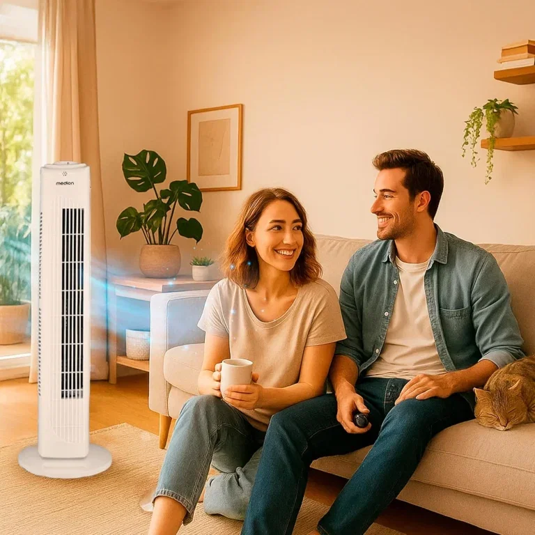 Ein Paar sitzt auf einem Sofa neben einem weißen Turmventilator, beide lächeln und genießen die kühle Luft.