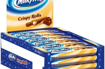 Eine blaue und gelbe Schachtel Milky Way Crispy Rolls mit 24 Riegeln