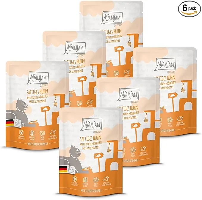 MjAMjAM Premium Nassfutter fuer Katzen Quetschie saftiges Huhn an leckeren Moehrchen getreidefrei mit extra viel Fleisch 6er Pack MjAMjAM Premium Nassfutter fuer Katzen Quetschie saftiges Huhn an leckeren Moehrchen getreidefrei mit extra viel Fleisch 6er Pack