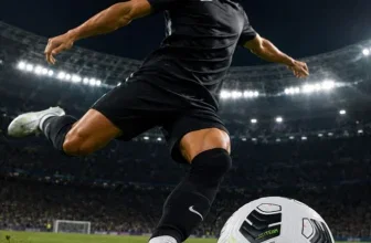 Ein Fußballspieler in schwarzer Kleidung schießt einen weißen Ball mit grünen und schwarzen Mustern auf einem grünen Spielfeld.