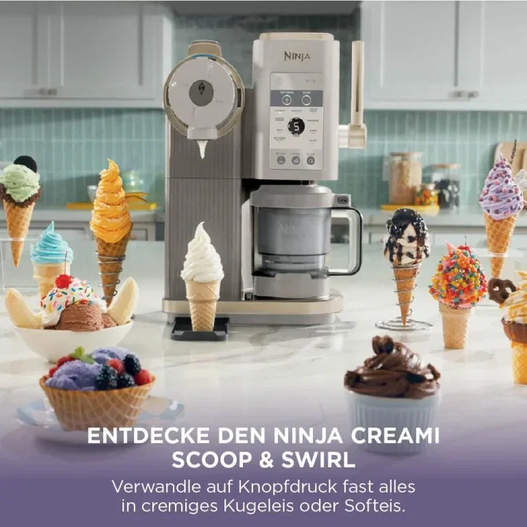 Eine Eismaschine mit verschiedenen Eissorten und Toppings