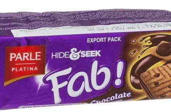 Eine Packung PARLE Fab H&S Schokolade Kekse in violetter Verpackung mit Schokoladenkeks-Motiv