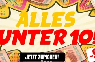 Ein Werbebild mit verschiedenen Sportartikeln und einer Auswahl an günstigen Preisen, im Hintergrund sind Euroscheine sichtbar.