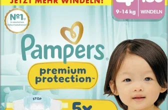 Ein Bild der Verpackung von Pampers Premium Protection Größe 4 mit 186 Windeln, ein Kind im Vordergrund.