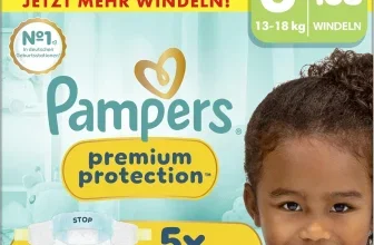 Ein Bild der Verpackung von Pampers Premium Protection Größe 6 mit 168 Windeln, auf der ein kleines Kind abgebildet ist.