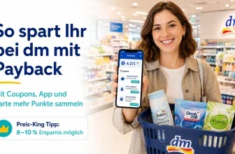 Eine lächelnde Frau in einem Drogeriemarkt hält ein Smartphone mit der Payback-App und einen Einkaufswagen mit verschiedenen Produkten.