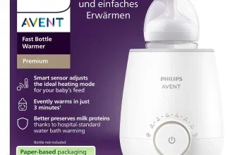 Ein weißer Philips Avent Flaschenwärmer mit einer durchsichtigen Abdeckung neben seiner Verpackung
