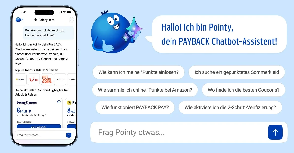 Ein Smartphone zeigt die PAYBACK App mit Pointy, einem blauen Cartoon-Chatbot, daneben eine Auswahl an vorgefertigten Fragen an Pointy.