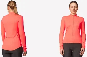 Eine Frau trägt ein rosa Langarm-Trikot mit schwarzen Radhosen, Ansicht von hinten und vorne.