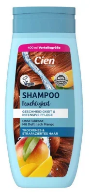 Ein hellblaues Flaschen Shampoo mit Etikett, das eine Mango und Haare zeigt