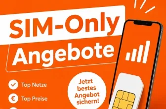 Ein orangefarbenes Werbebild für SIM.de mit einem Smartphone, einer SIM-Karte und Texten zu SIM-Only-Angeboten.