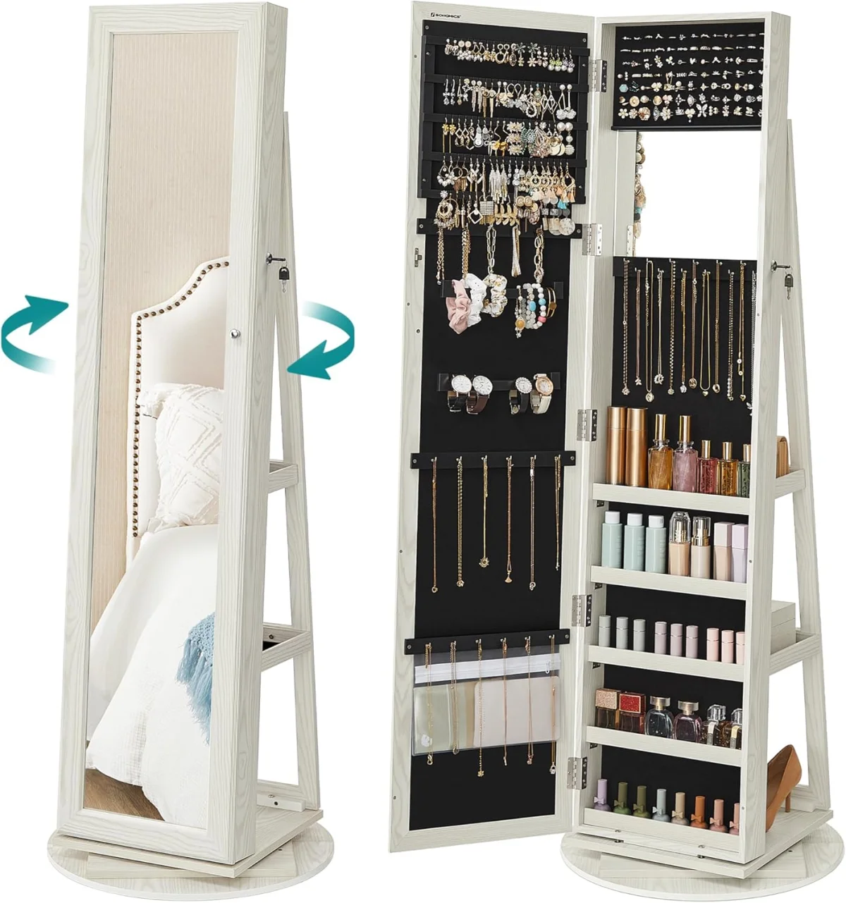 Songmics Schmuckschrank mit Spiegel JBC62W (360° drehbar mit Leiterregal)