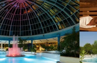 Ein Bild mit einer Collage aus vier Fotos, die einen Innenpool mit einer rosa Fontäne, zwei Frauen im Whirlpool, zwei Personen vor einer Sauna und einen Außenpool zeigen.