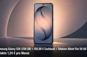 Ein Samsung Galaxy S26 mit 256 GB Speicher, das auf einem Tisch steht.