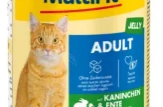 Ein Katzenfutterdose mit einem orangefarbenen Katzenbild und gelber, blauer und grüner Etikette