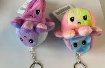 Zwei bunte Oktopus-Schlüsselanhänger mit traurigen Gesichtern, im Hintergrund ein weißer Zettel mit Barcode