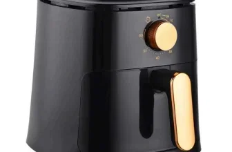 Ein schwarzer Air Fryer mit goldenen Bedienelementen auf weißem Hintergrund.