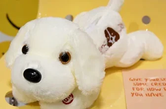 Ein weißer Plüschhund liegt auf einem gelben Stuhl neben einem Zettel mit Text.