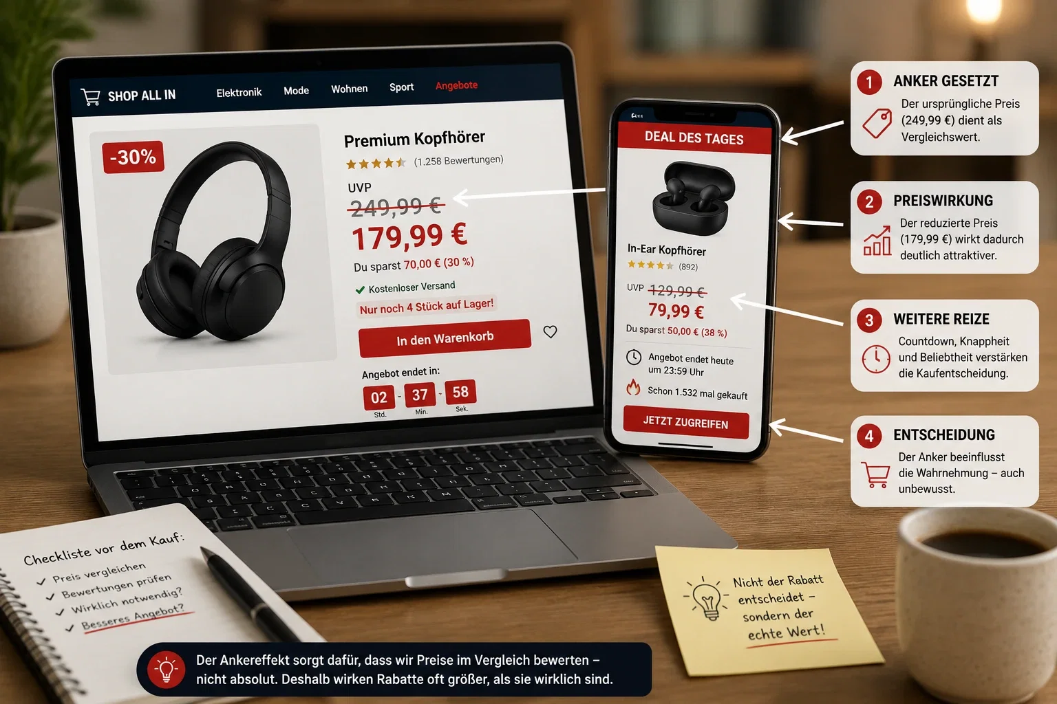 Laptop und Smartphone mit Rabattangeboten, UVP und durchgestrichenen Preisen als Beispiel für den Ankereffekt im Online-Handel
