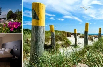 Ein Foto mit drei Bildern: ein Strandhotel, ein Hotelzimmer und ein Strand mit gelben Pfosten