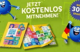 Ein grünes Bild mit einem geöffneten Flyer, zwei blauen Kugeln und einem deutschen Fahne