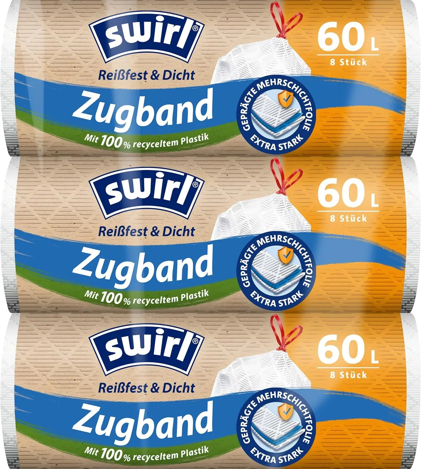 Swirl Reißfest & Dicht Müllbeutel tropfsichere Müllsäcke mit Zugband (3x60l)