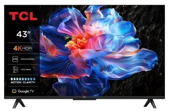 Ein 43-Zoll-TCL-Fernseher mit einer blauen und rosa Blume auf dem Bildschirm