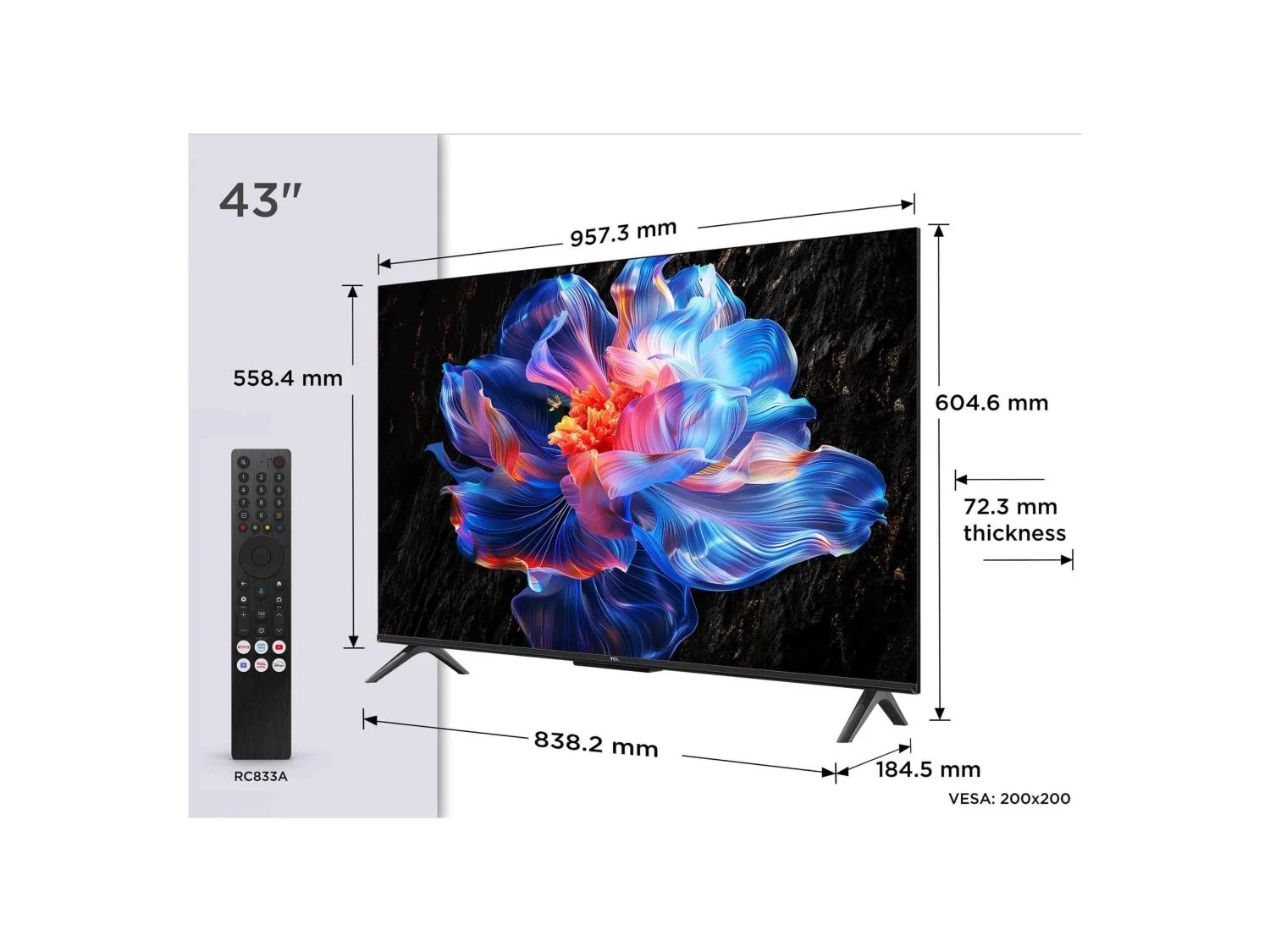 TCL 43 Zoll UHD 43P61K TV genau Masse