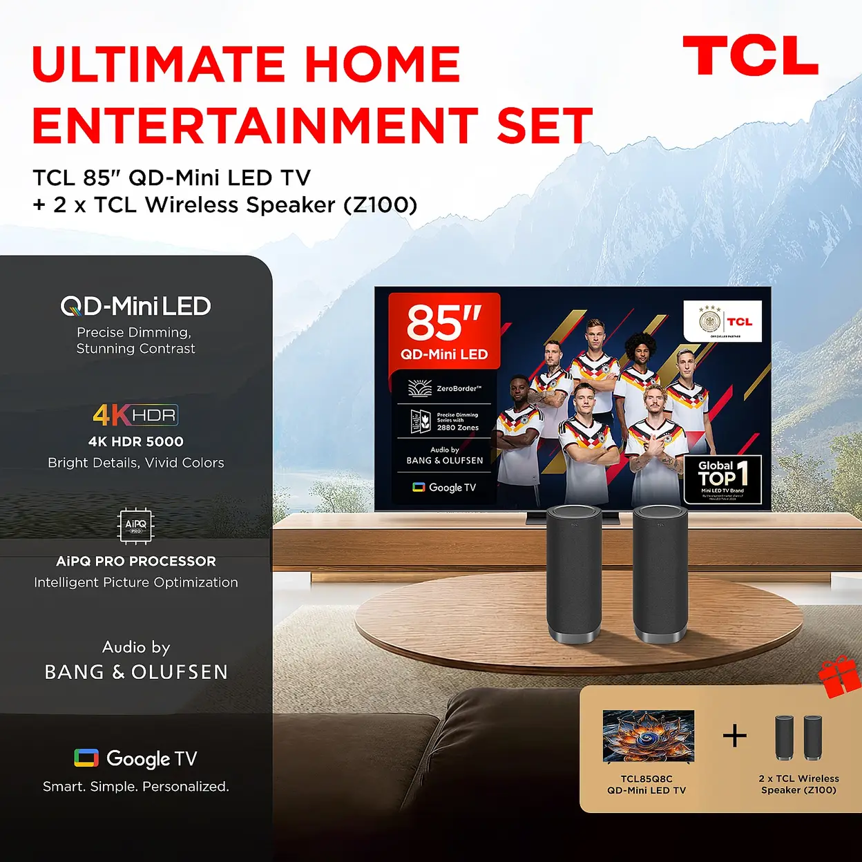 TCL 85Q8C mit Z100 85 Zoll TV + TCL Z100 Lautsprecher-Set