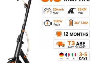 Ein schwarzer E-Scooter mit orangefarbenen Akzenten, rechts daneben technische Details
