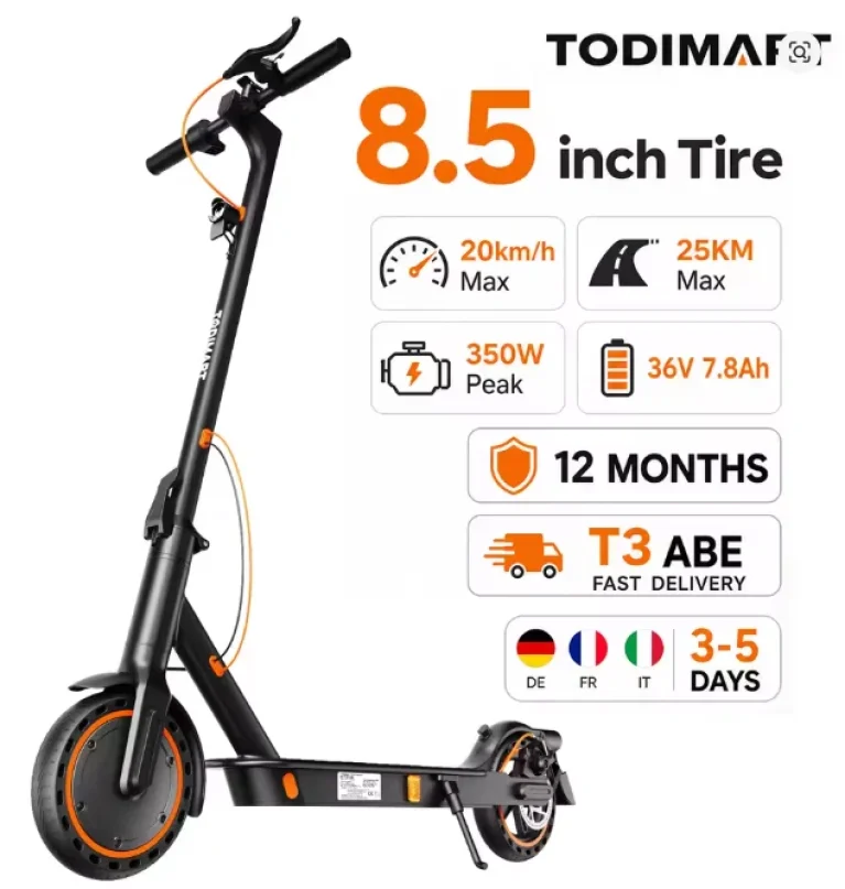 Ein schwarzer E-Scooter mit orangefarbenen Akzenten, auf dem ein Lenker, ein Vorderrad und ein hinteres Rad sichtbar sind.