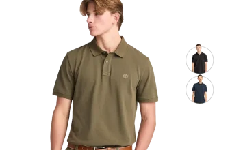 Ein Mann trägt ein olivgrünes Polohemd mit kleinem Logo auf der Brust, daneben zwei kleine Bilder von Männern in schwarzen und dunkelblauen Poloshirts.