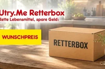 Eine braune Schachtel mit dem Aufdruck "RETTERBOX" auf einem Holztisch in einer Küche.