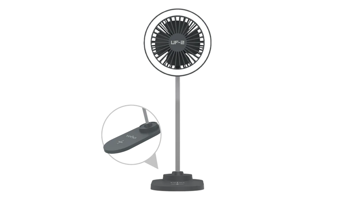 Veho Uf 2 USB Tischventilator mit LED Leuchte Qi Ladegeraet Veho Uf-2 USB-Tischventilator mit LED-Leuchte & Qi-Ladegerät