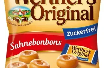 Ein goldener Beutel Süßigkeiten mit roten und blauen Elementen, Werther's Original Bonbons zuckerfrei
