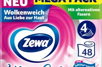 Ein rosa verpacktes Toilettenpapier mit einem blauen und weißen Logo, das Zewa Ultra Soft zeigt.