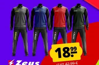 Ein Trainingsanzug in fünf Farben: schwarz, blau, rot, grün und grau. Auf den Jacken steht 'Zeus' und auf den Hosen ebenfalls 'Zeus' mit Blitz-Logo.
