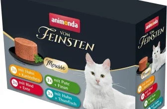 Ein Katzenfutter-Produkt mit einer weißen Katze und einer Schale Katzenfutter
