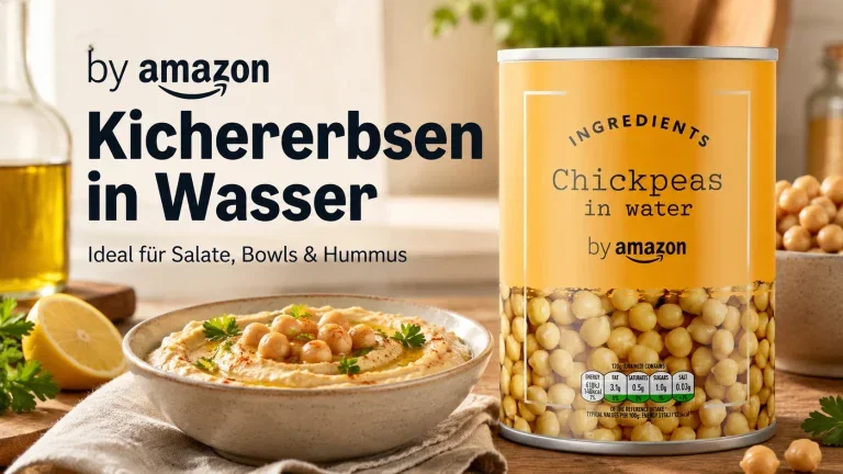 Eine Dose Kichererbsen in Wasser neben einer Schale Hummus, daneben Zutaten wie Öl, Zitrone und Kräuter.
