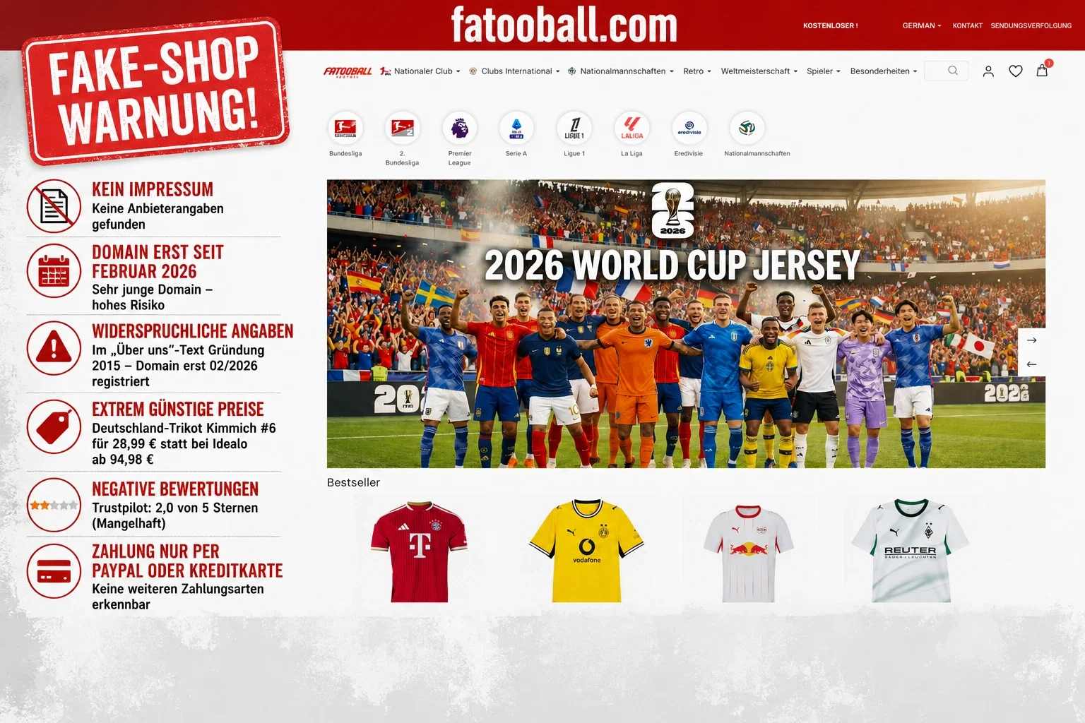 Screenshot von fatooball.com mit Warnhinweisen zu fehlendem Impressum, Domainregistrierung 2026, Trustpilot-Bewertung 2,0 und auffälligen Trikotpreisen