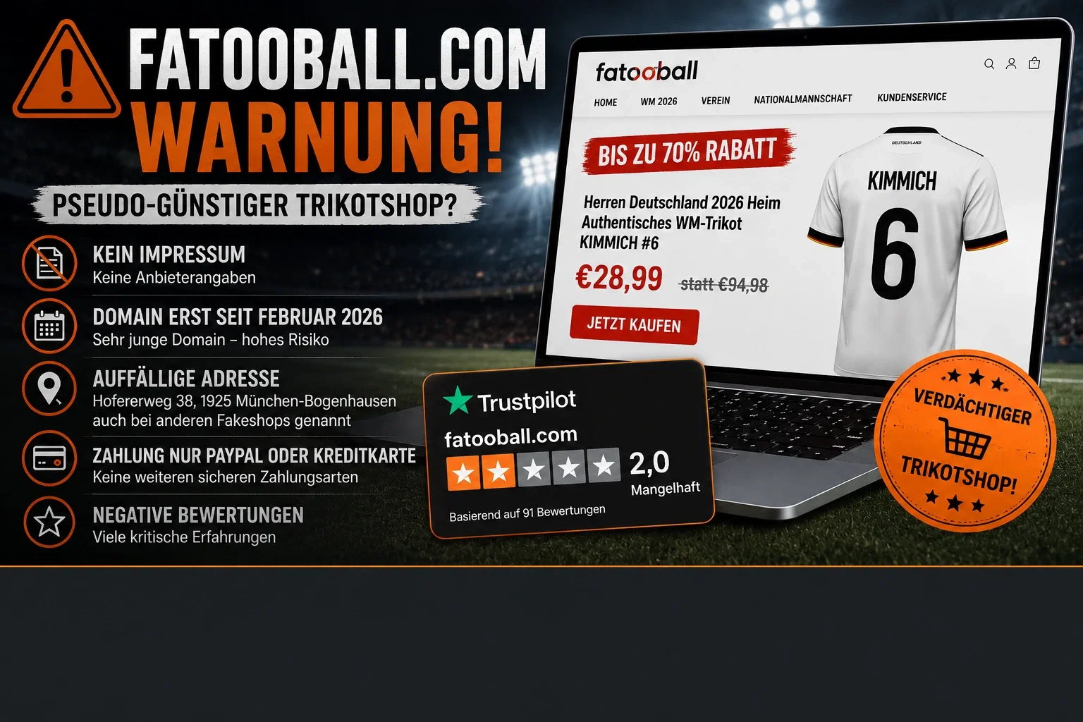 Ein Laptop zeigt einen Shop für Fußballtrikots mit einer Warnung davor, dass es sich um einen Fake-Shop handelt.