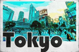 Ein farbenfrohes, vintage-illustriertes Postkartenbild von Tokio mit dem Schriftzug 'Tokyo'
