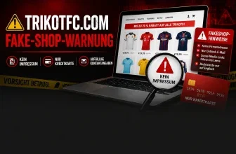 Ein Laptop mit einem geöffneten Tab auf trikotfc.com neben einer Warnung und einem gelben Absperrband.