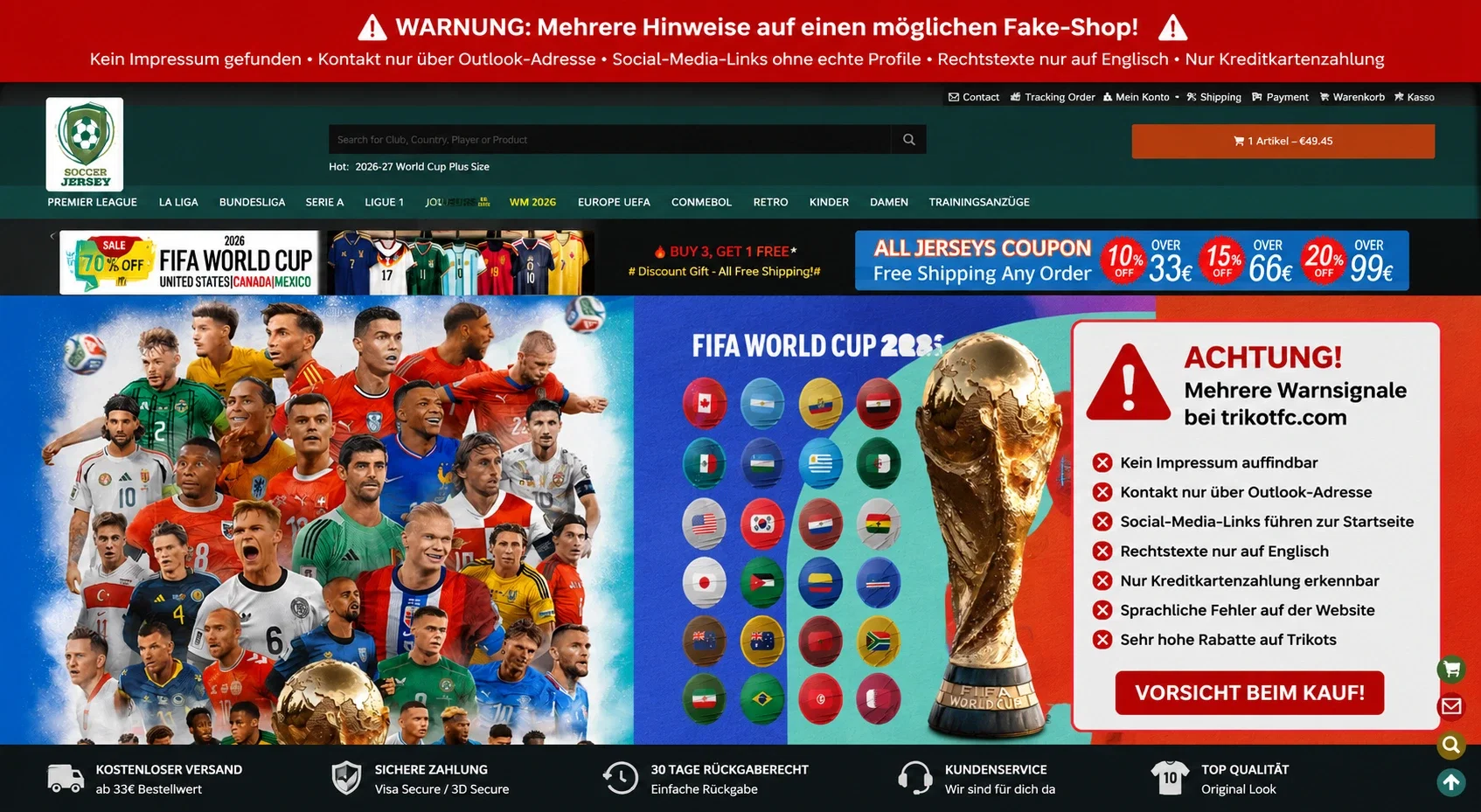 trikotfc com fake shop warnung wm 2026 trikotfc.com mit mehreren Warnsignalen wie fehlendem Impressum, Kreditkartenzahlung und auffälligen Kontaktangaben