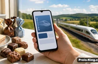 Süßigkeiten und Smartphone mit digitalem Bahnticket vor einem fahrenden Fernzug